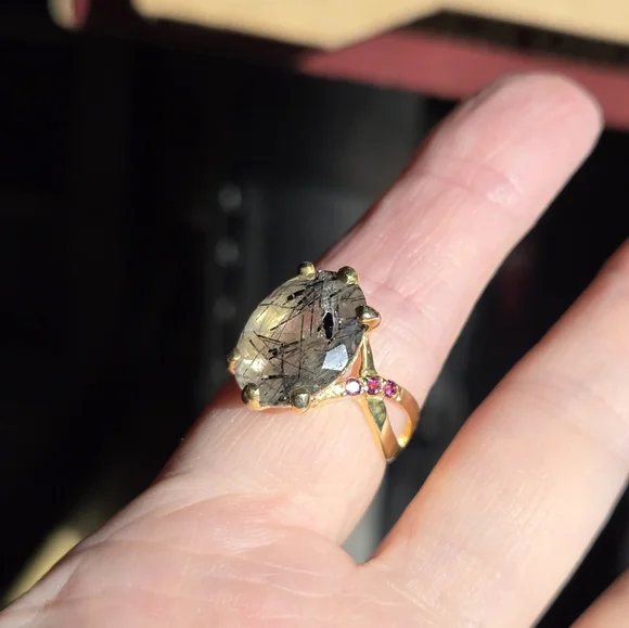 Rutil quarts 5k & Rhodolite sterling & gold infinity ring sz7.5 - Picture 9 of 9